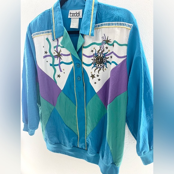 Vintage 80s Teddi Celestial Collared Blouse X Large Moon Stars Turquoise Purple - Picture 5 of 5